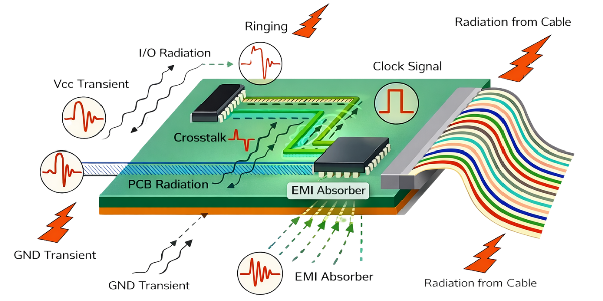 Common sources and coupling paths of electromagnetic interference on printed circuit boards