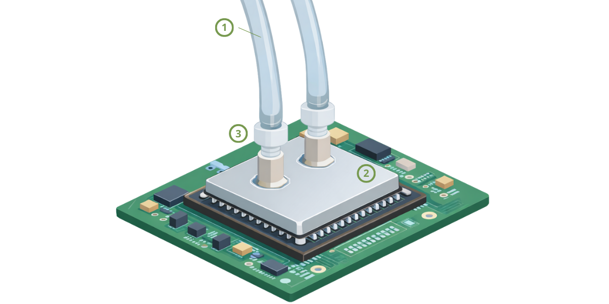Direct-to-chip cooling architecture showing cold plates, coolant flow, and heat removal at the processor level