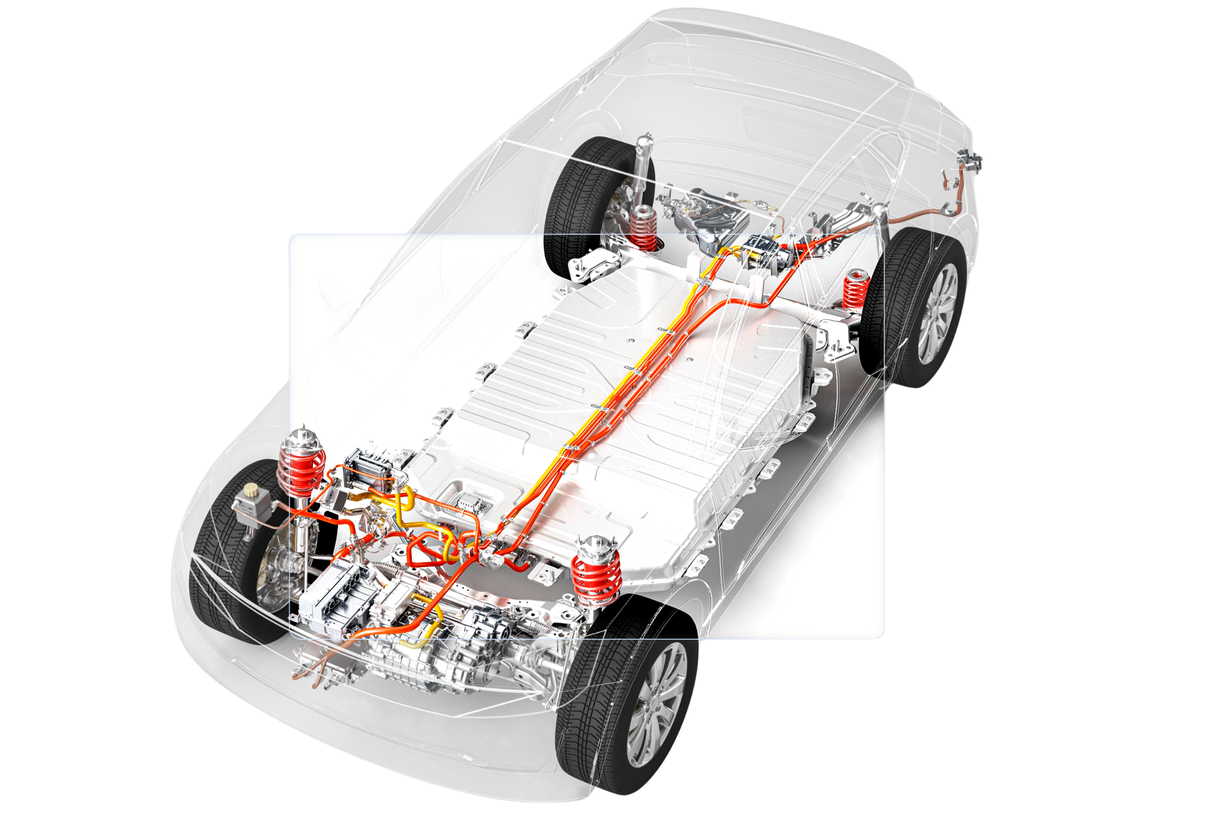 Electric vehicle battery pack showing integrated system with high-voltage cabling, battery modules, and thermal management components