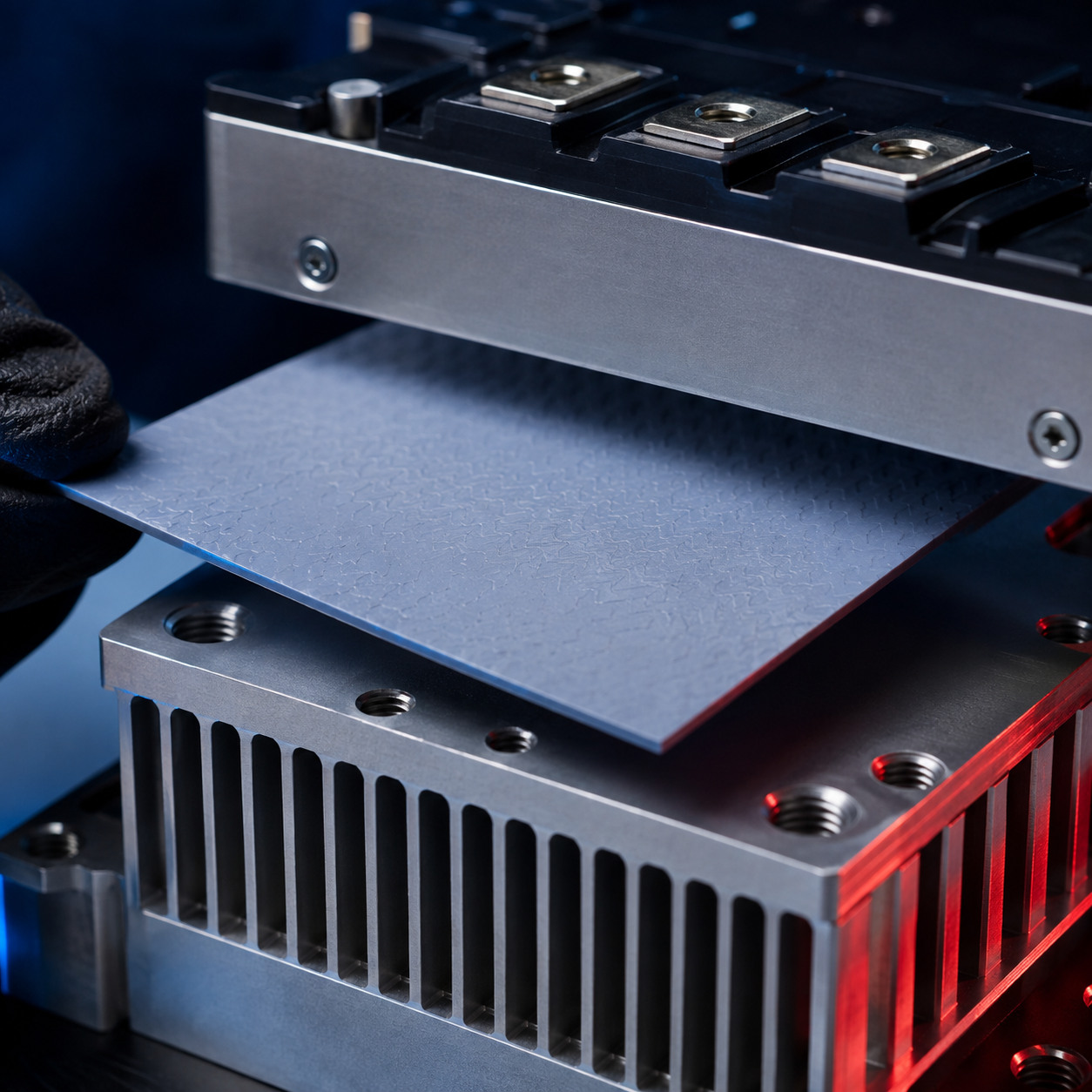 photo of a thermal interface pad or gap filler being applied between a power electronics module and a heat sink, close-up industrial photography, navy and red brand accent lighting, 800x800