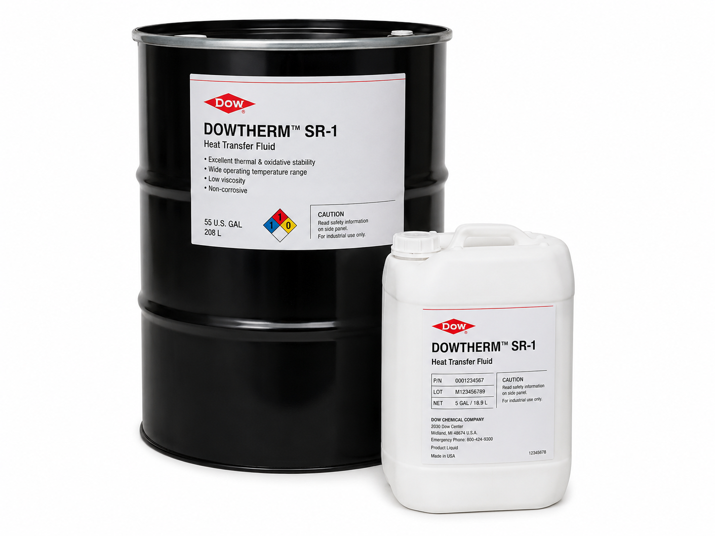 product photo of a Dow heat transfer fluid drum or jug with industrial label, studio lighting on white background, 500x375