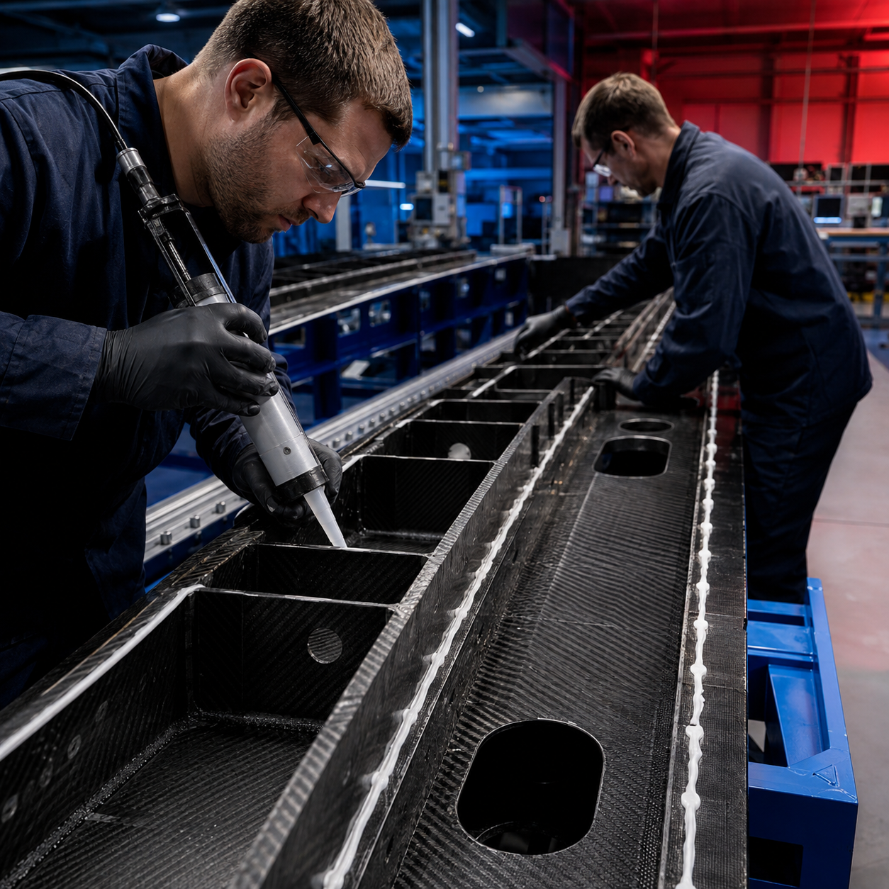 photo of technicians bonding a composite wing spar section with structural adhesive, aerospace manufacturing floor, navy and red brand accent lighting, 800x800