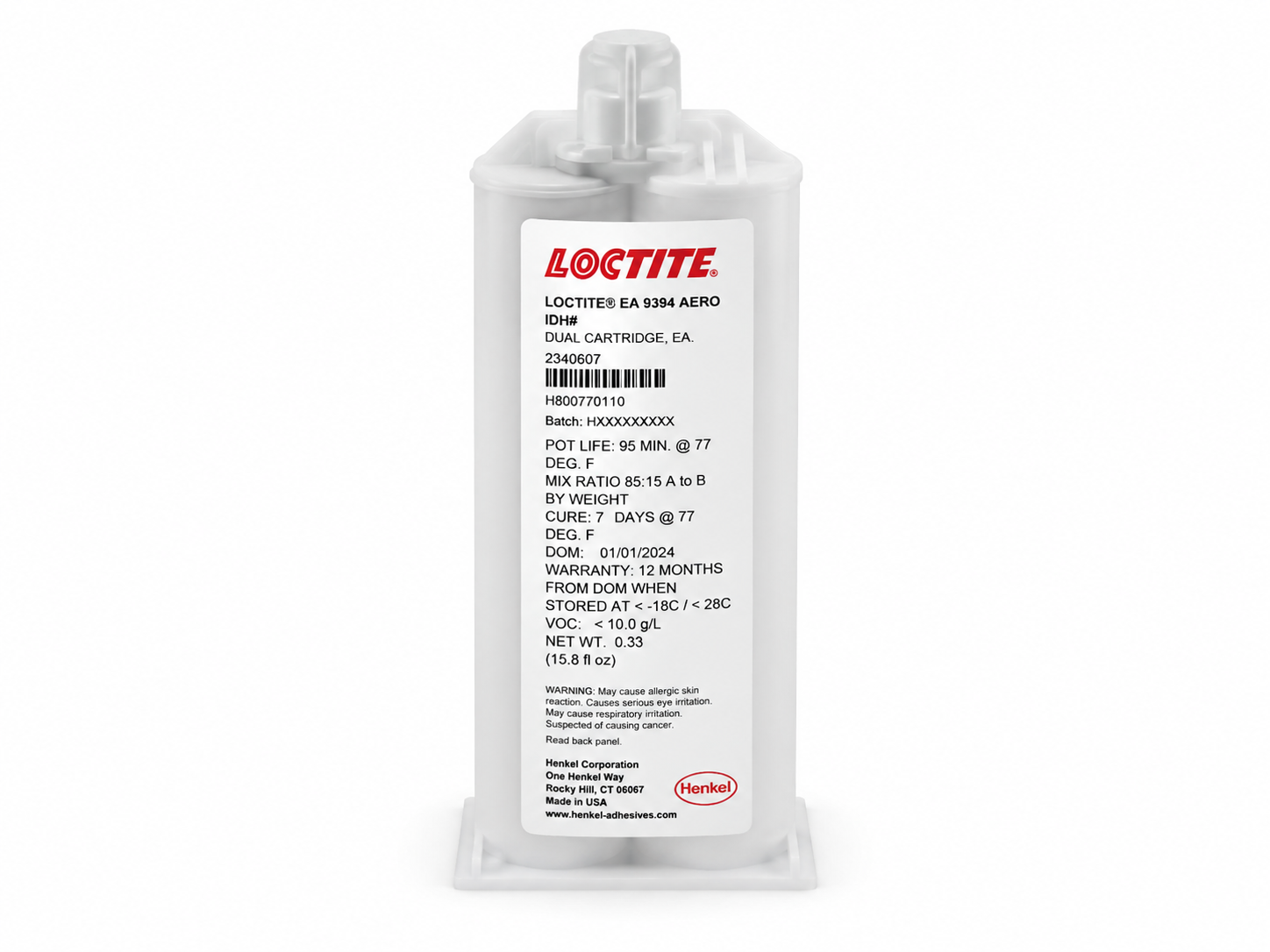 product photo of a Henkel Loctite EA 9394 AERO two-part structural epoxy paste cartridge kit, studio lighting on white background, 500x375