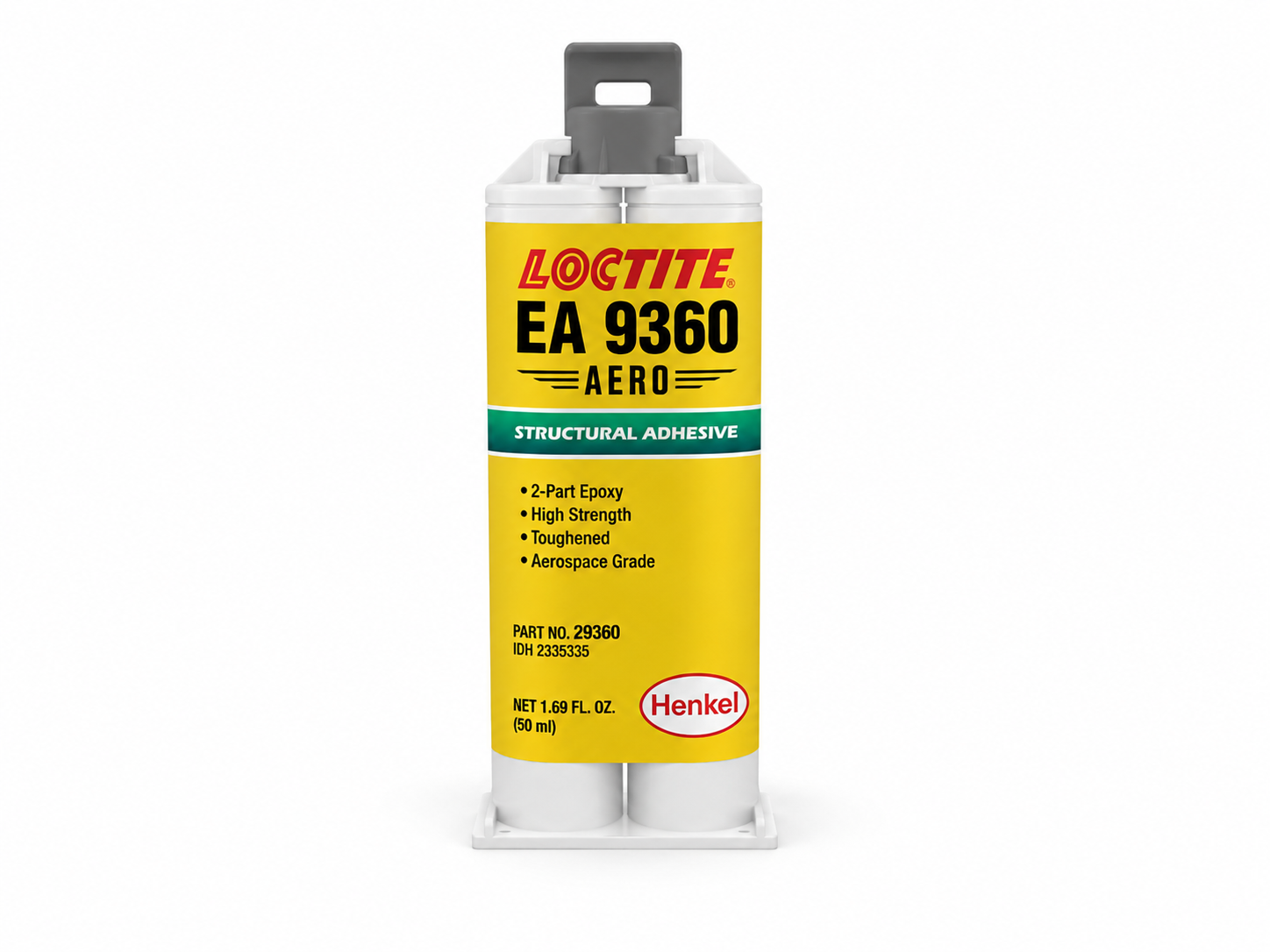 product photo of a Henkel Loctite EA 9360 AERO structural epoxy paste cartridge kit, studio lighting on white background, 500x375
