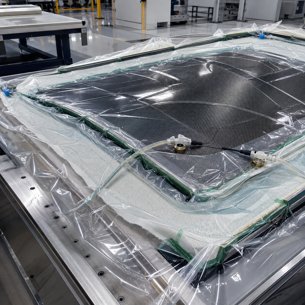 composite aerospace panel under transparent vacuum bagging film with breather cloth and sealant tape during autoclave preparation, industrial production floor, 800x800