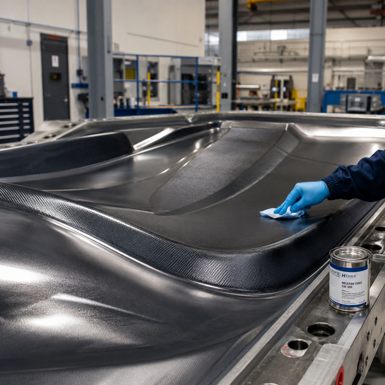 large aerospace composite mold tool being cleaned and prepared with release coating before layup, clean industrial manufacturing environment, 800x800