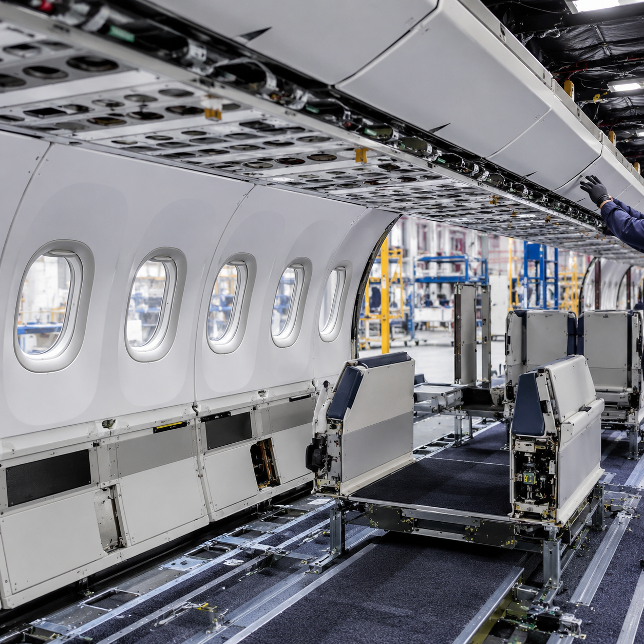 modern aircraft cabin interior during manufacturing with sidewall panels seating structures and overhead components being assembled, no passengers, 800x800