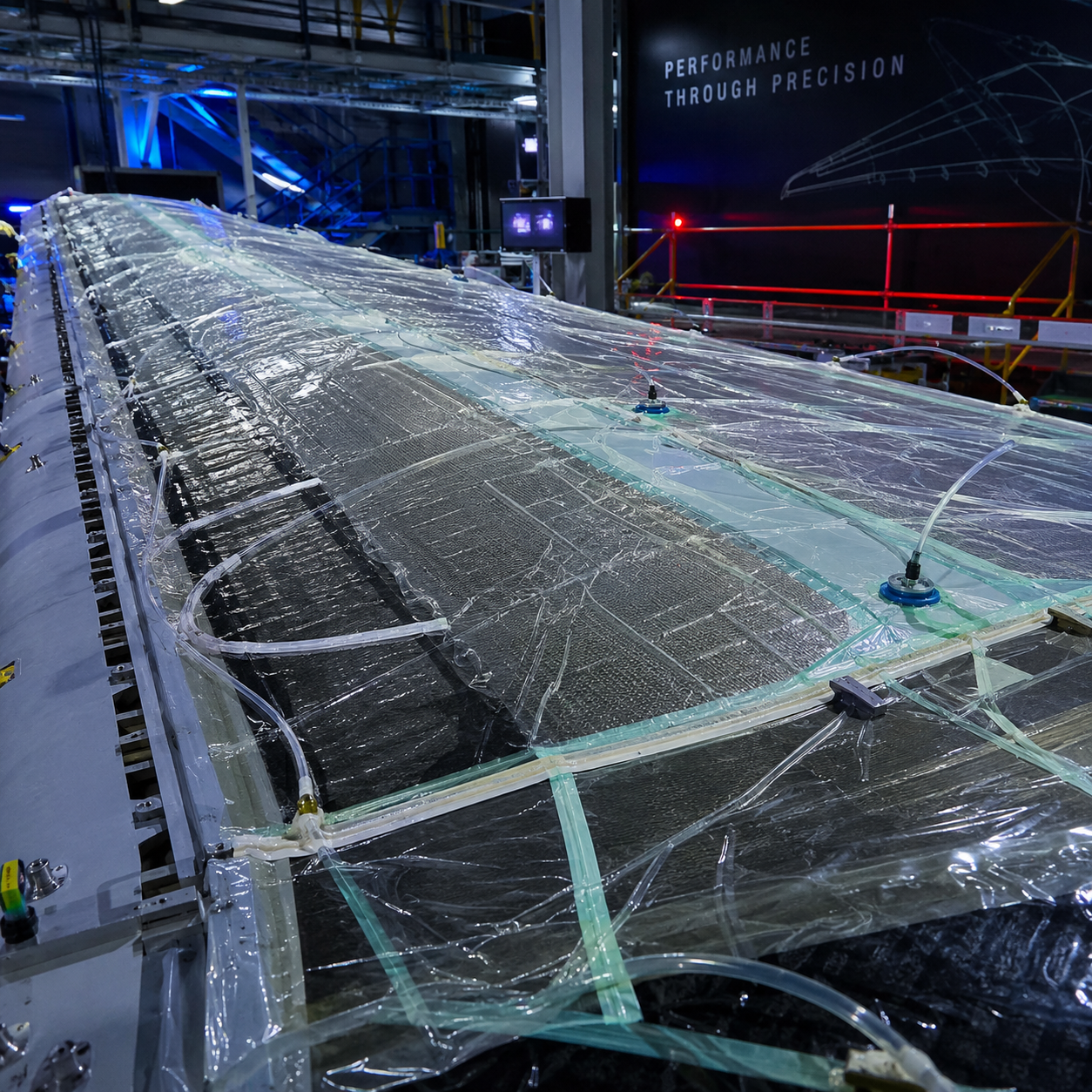 photo of a composite aircraft wing or fuselage section under vacuum bagging film during layup, industrial manufacturing floor, navy and red brand accent lighting, 800x800