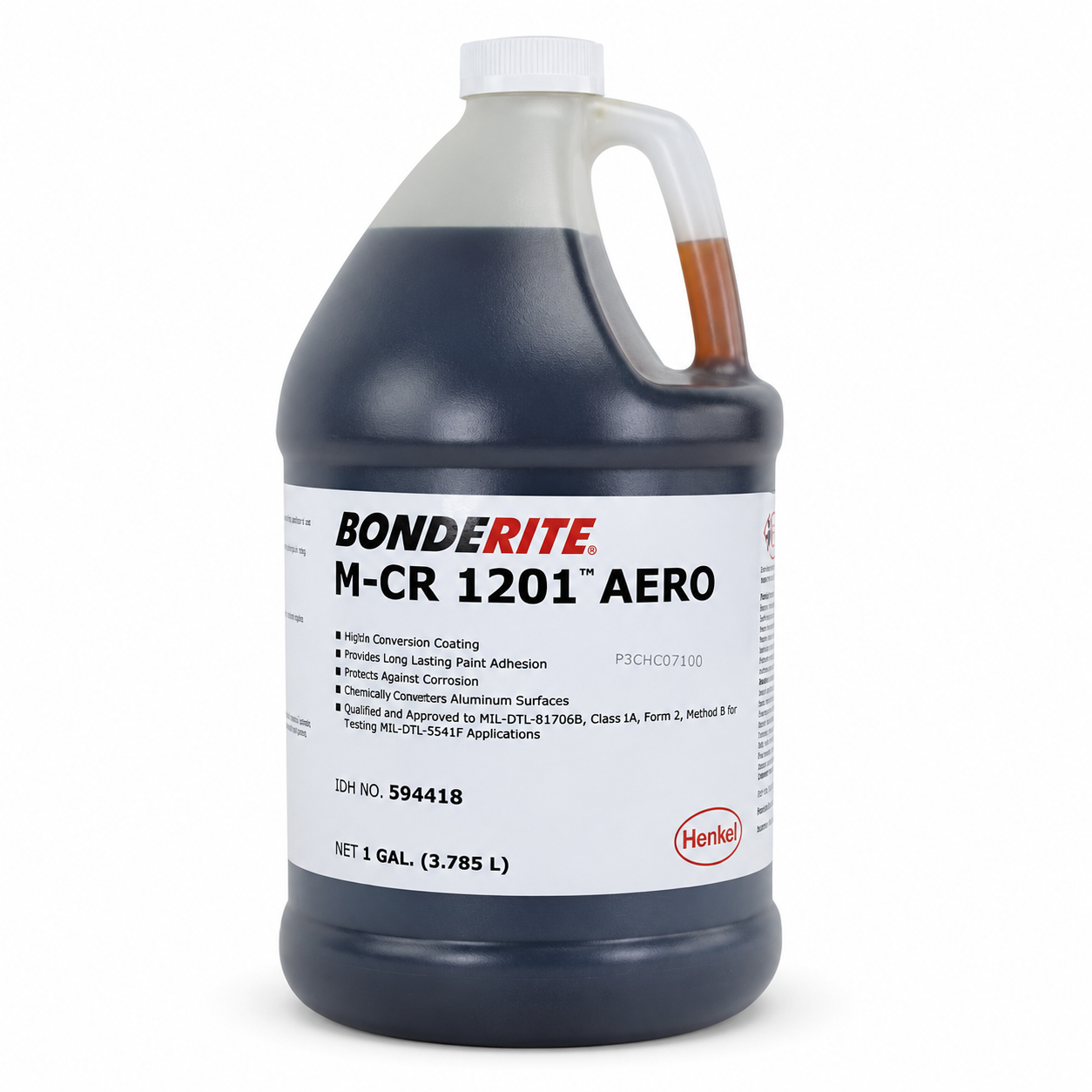 product photo of a Henkel Bonderite M-CR 1201 AERO chromate conversion coating bottle, studio lighting on white background, 500x375