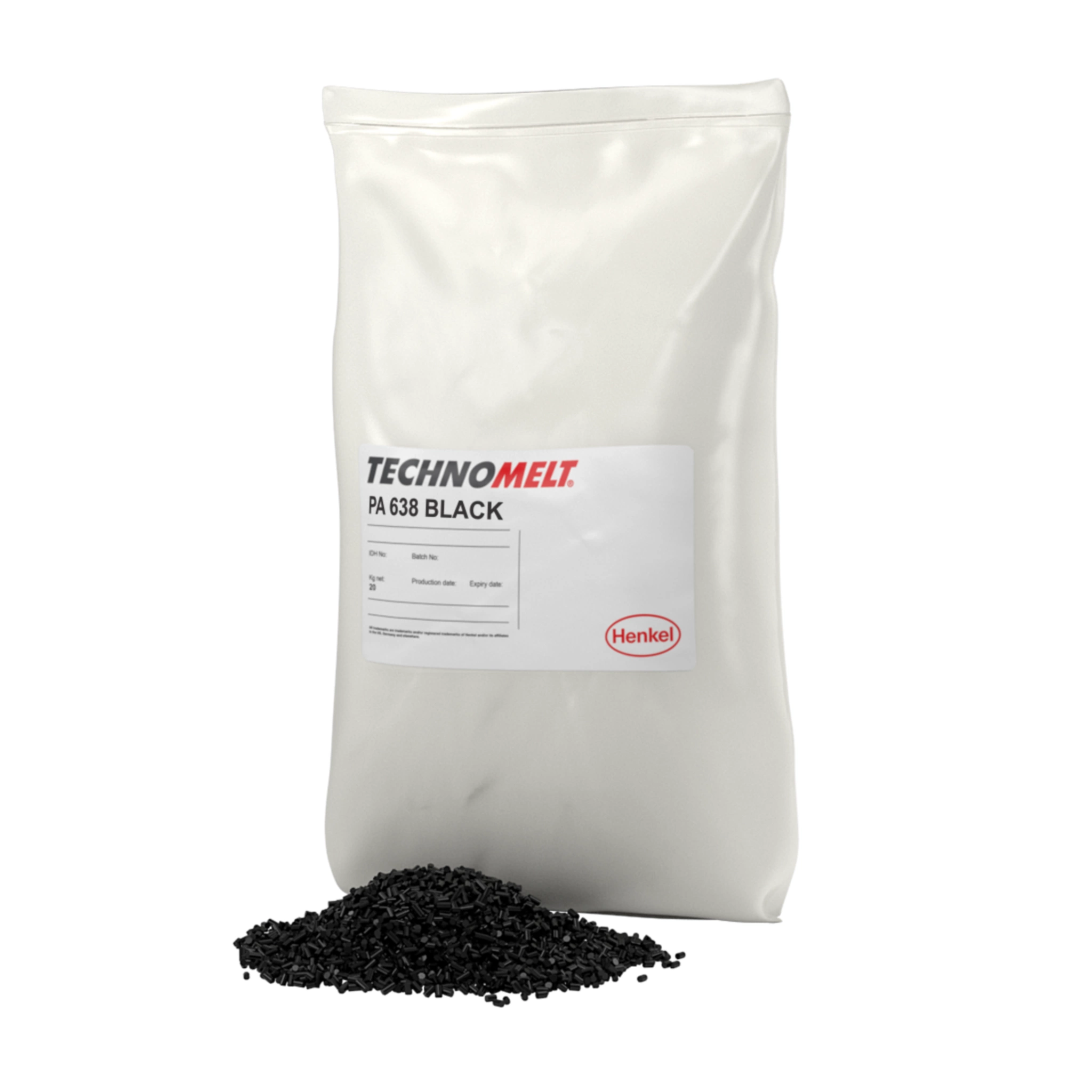 product photo of Henkel Technomelt PA-series polyamide hot melt adhesive pellets and applicator, studio lighting on white background, 500x375