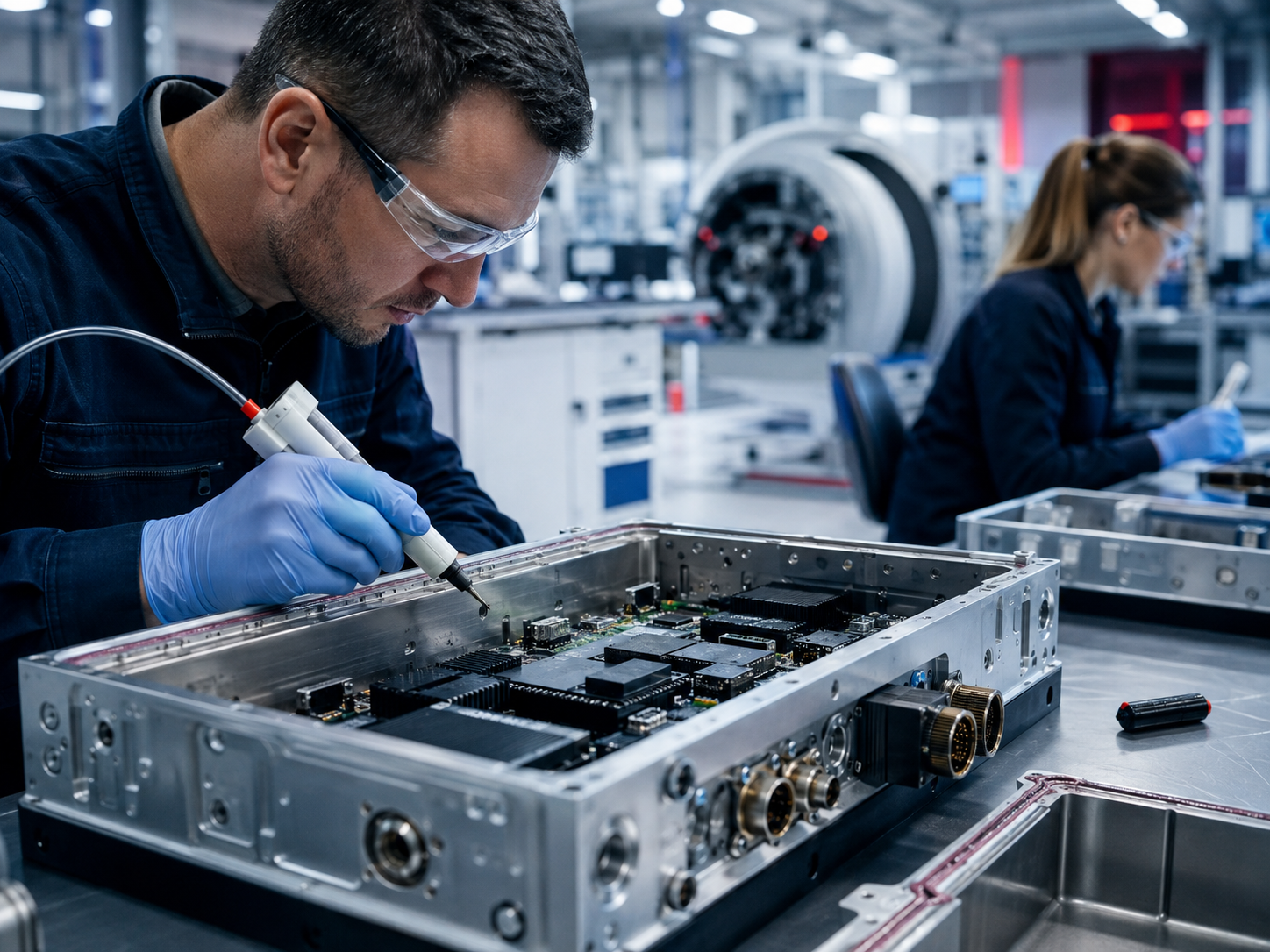 aerospace avionics assembly with technicians applying conductive bonding and EMI shielding materials inside a precision electronics manufacturing environment