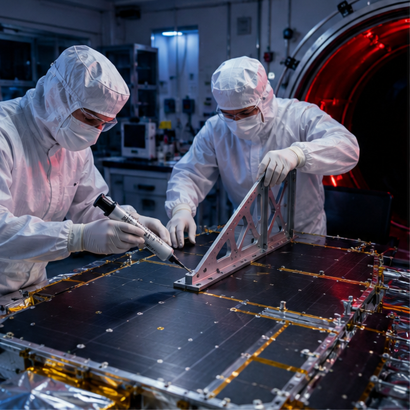 photo of technicians in a cleanroom bonding a satellite panel bracket assembly, bunny suits, navy and red brand accent lighting, 800x800