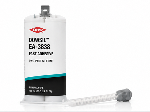 product photo of a Dow DOWSIL EA-3838 Fast Adhesive two-part silicone kit, studio lighting on white background, 500x375
