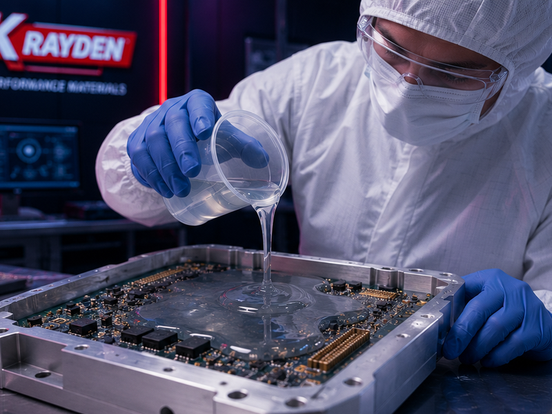 photo of a satellite electronics board being potted with clear silicone encapsulant, cleanroom setting, navy and red brand accent lighting, 800x800