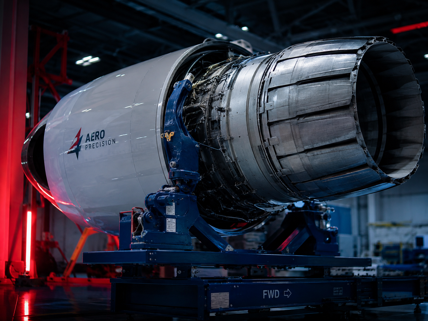 photo of a jet engine nacelle and exhaust section on a maintenance stand, industrial hangar setting, navy and red brand accent lighting, 800x800