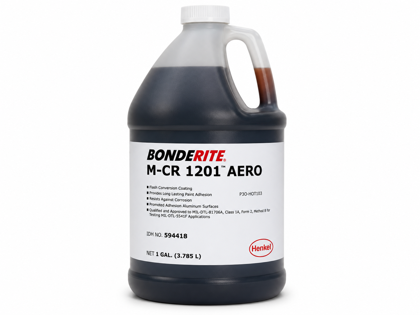product photo of a Henkel Bonderite M-CR 1201 AERO chromate conversion coating bottle, studio lighting on white background, 500x375