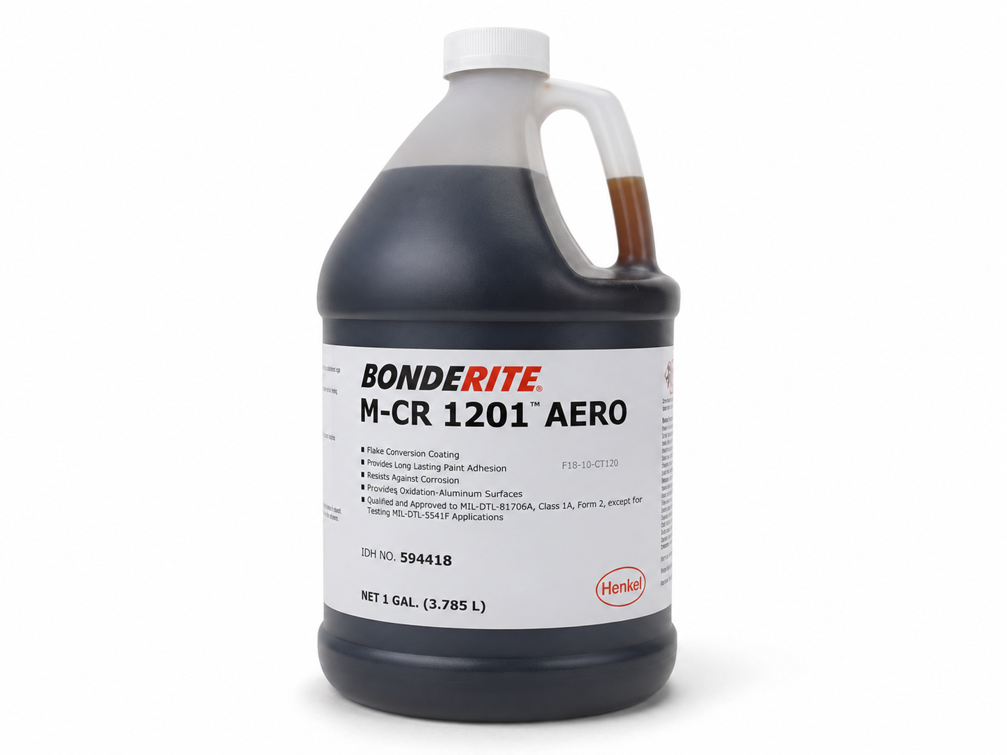 product photo of a Henkel Bonderite M-CR 1201 AERO chromate conversion coating bottle, studio lighting on white background, 500x375