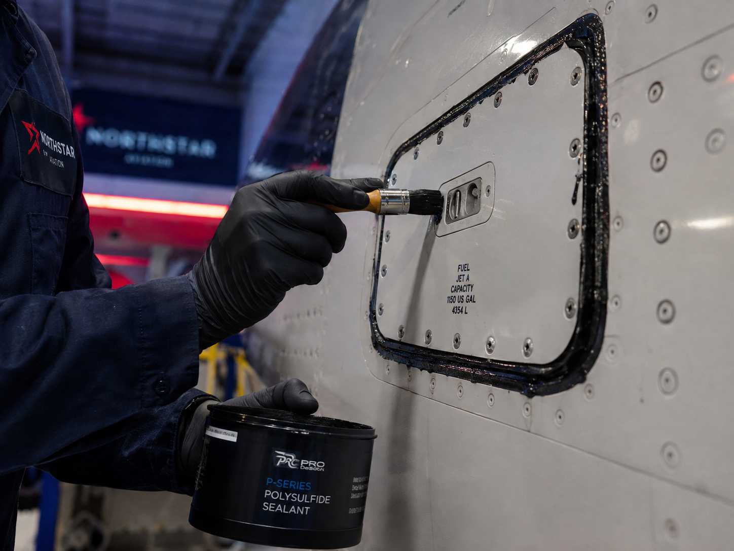 photo of a technician brush-sealing an aircraft integral fuel tank access panel with polysulfide sealant, maintenance hangar setting, navy and red brand accent lighting, 800x800