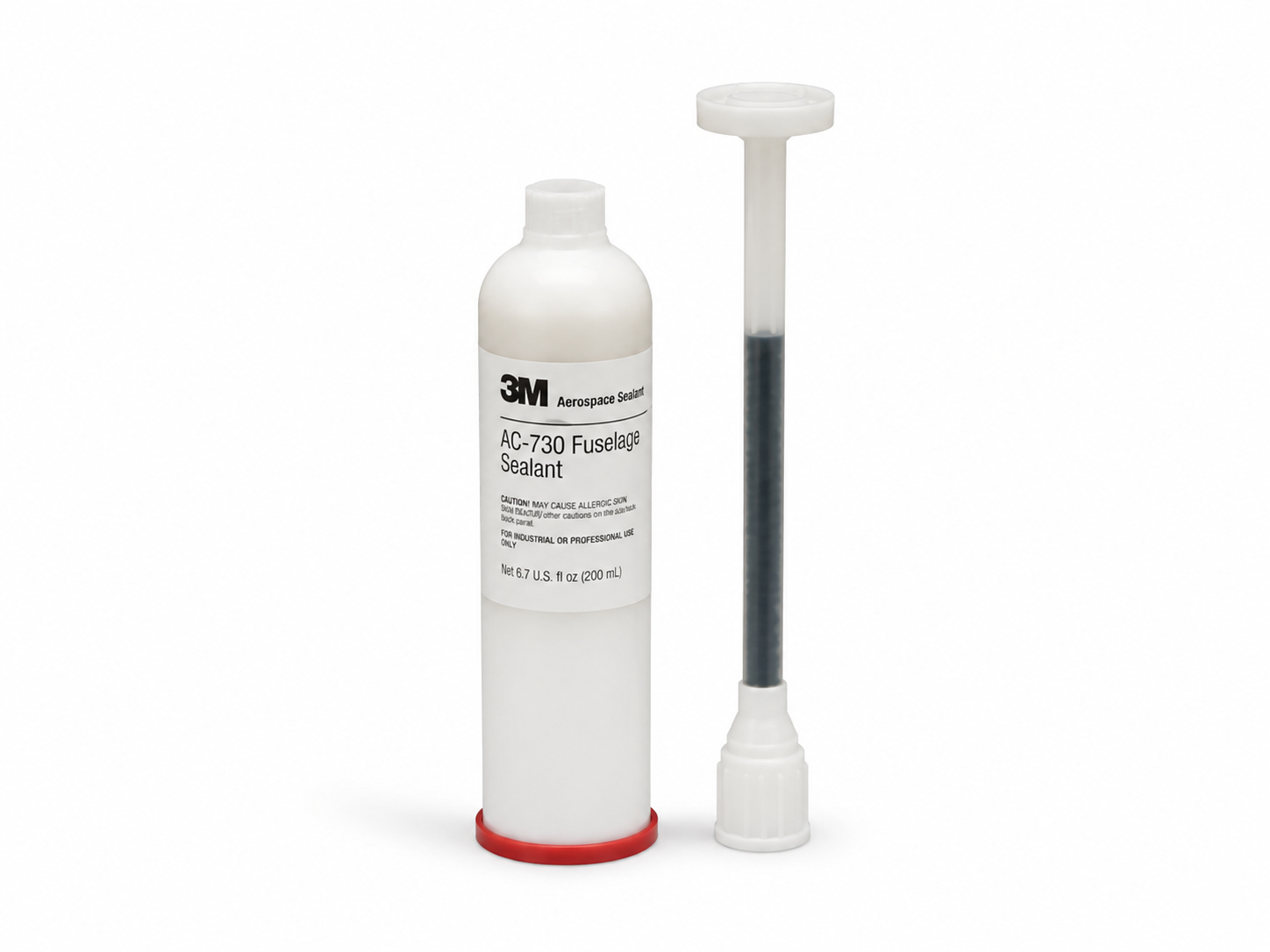 product photo of a 3M Aerospace Sealant AC-730 fuselage sealant cartridge, studio lighting on white background, 500x375