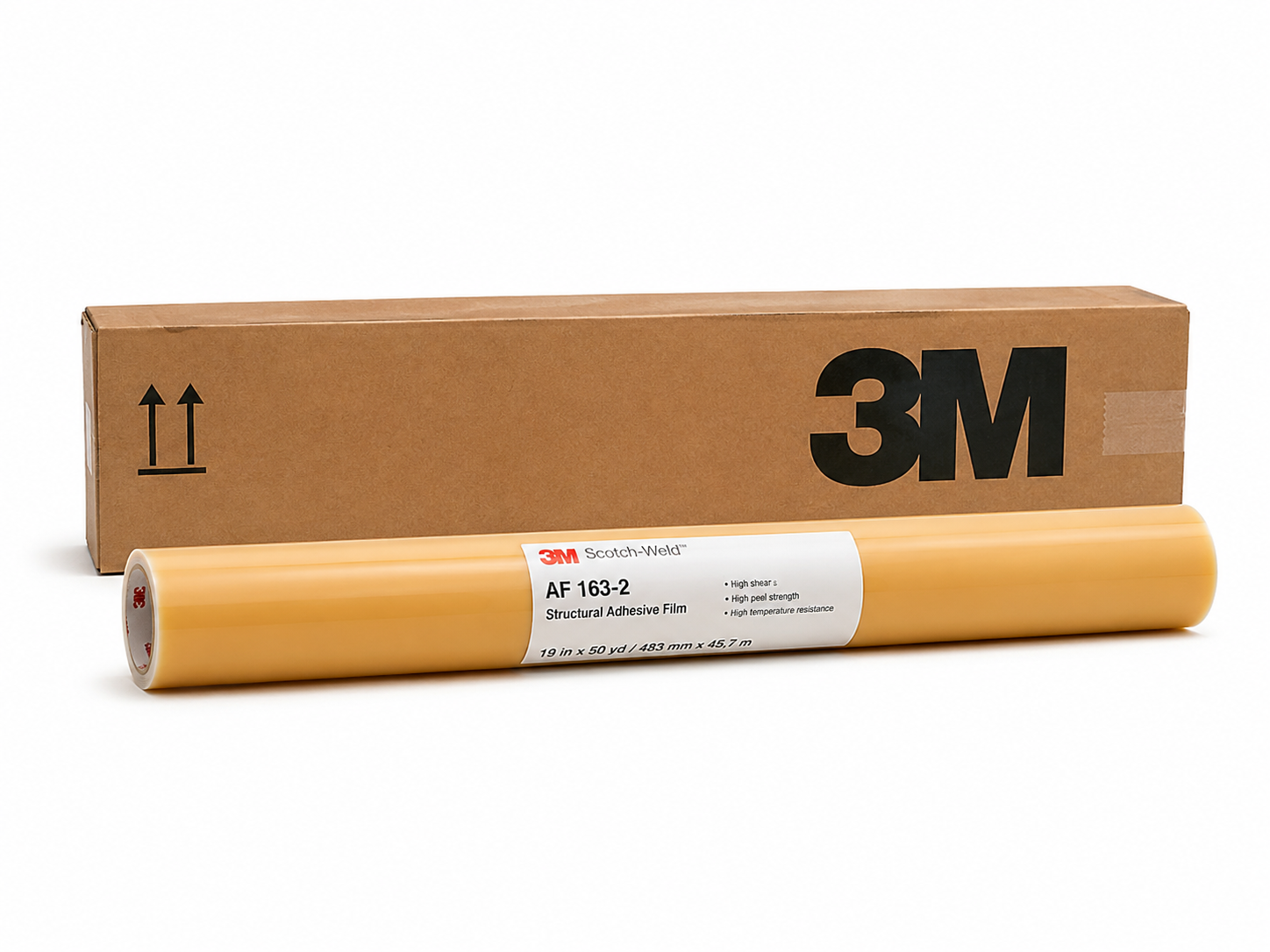 product photo of a 3M Scotch-Weld AF 163-2 structural adhesive film roll, studio lighting on white background, 500x375