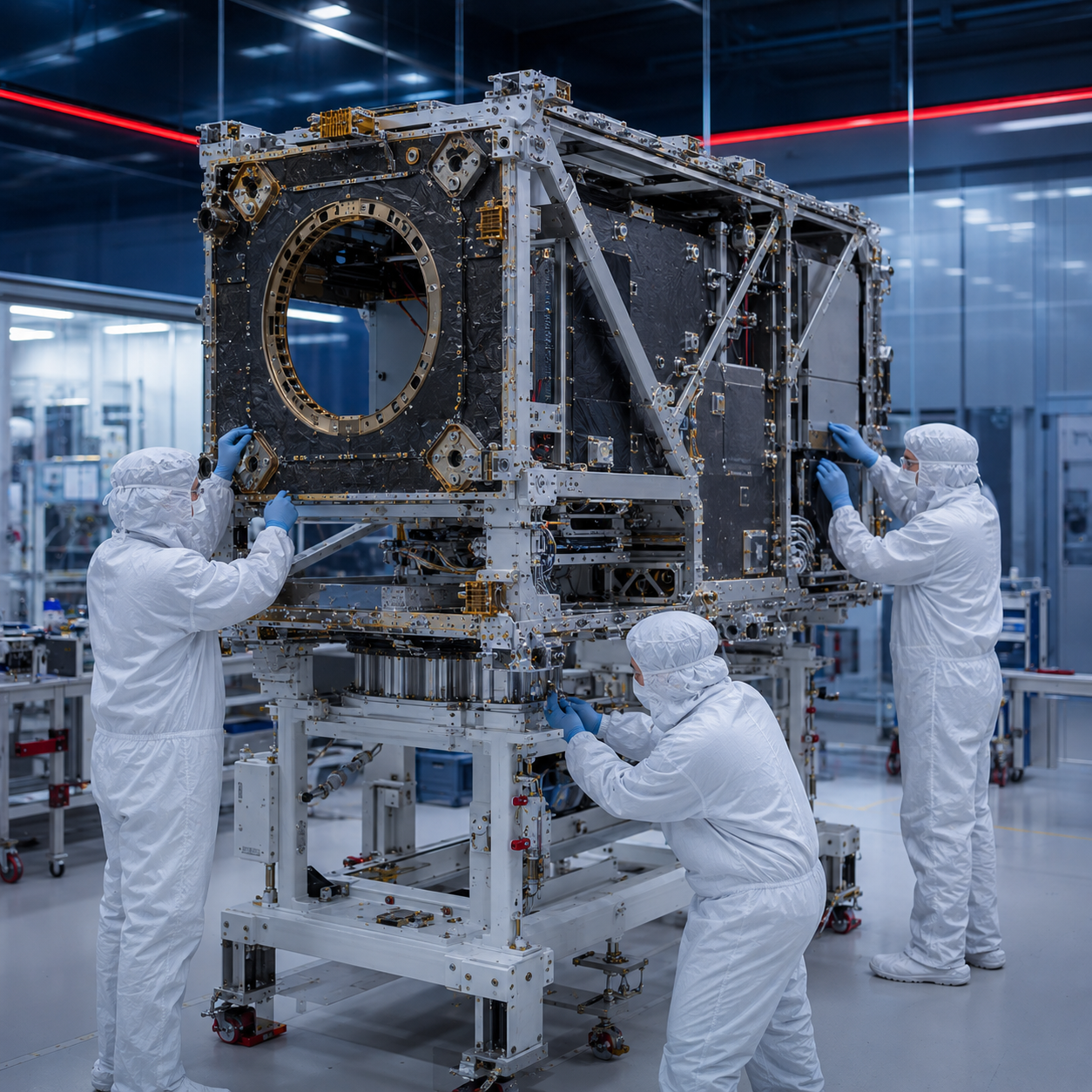 photo of a satellite bus structure in a cleanroom during assembly, technicians in bunny suits, navy and red brand accent lighting, 800x800