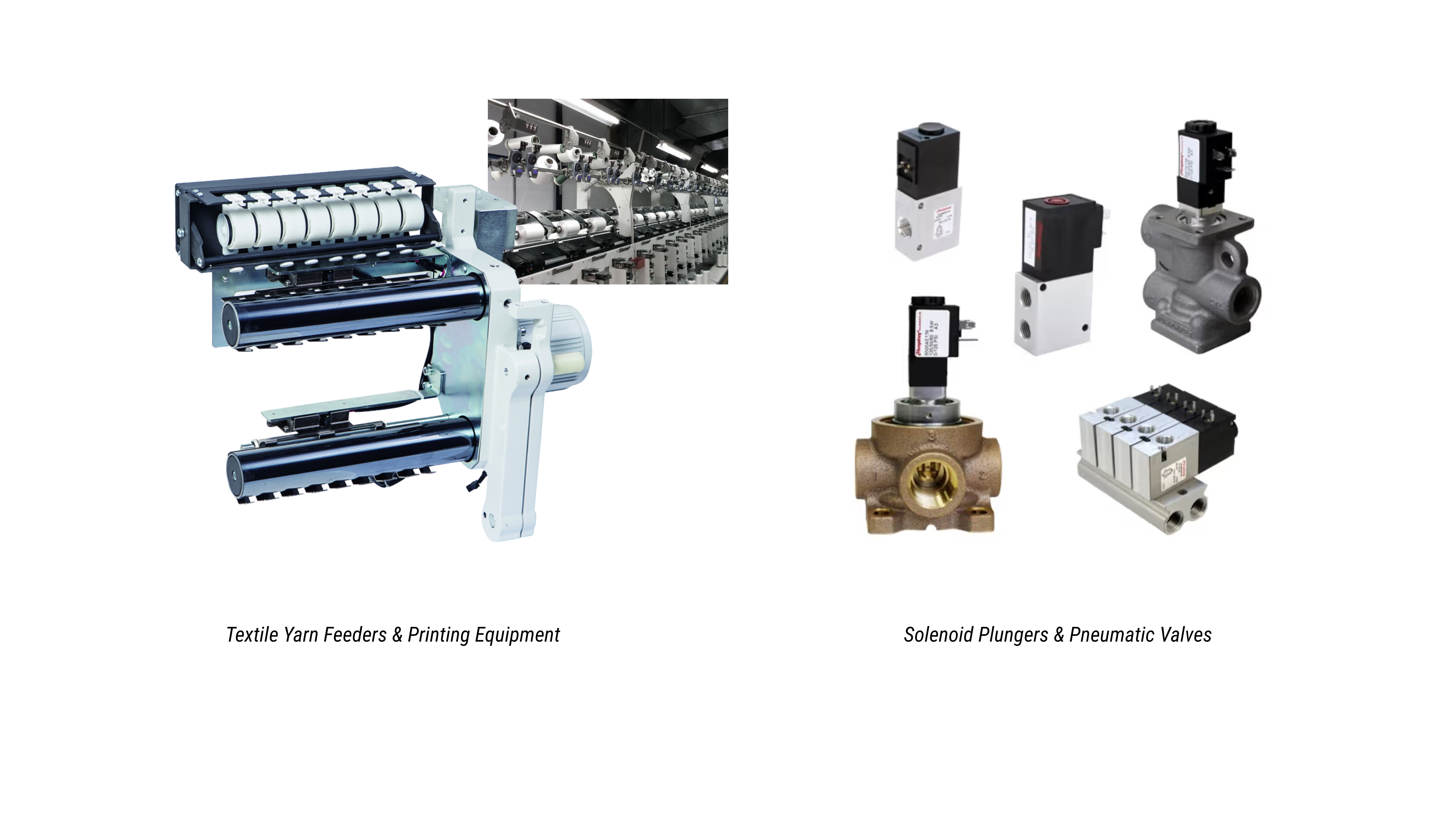 Textile yarn feeders, printing equipment, solenoid plungers and pneumatic valves