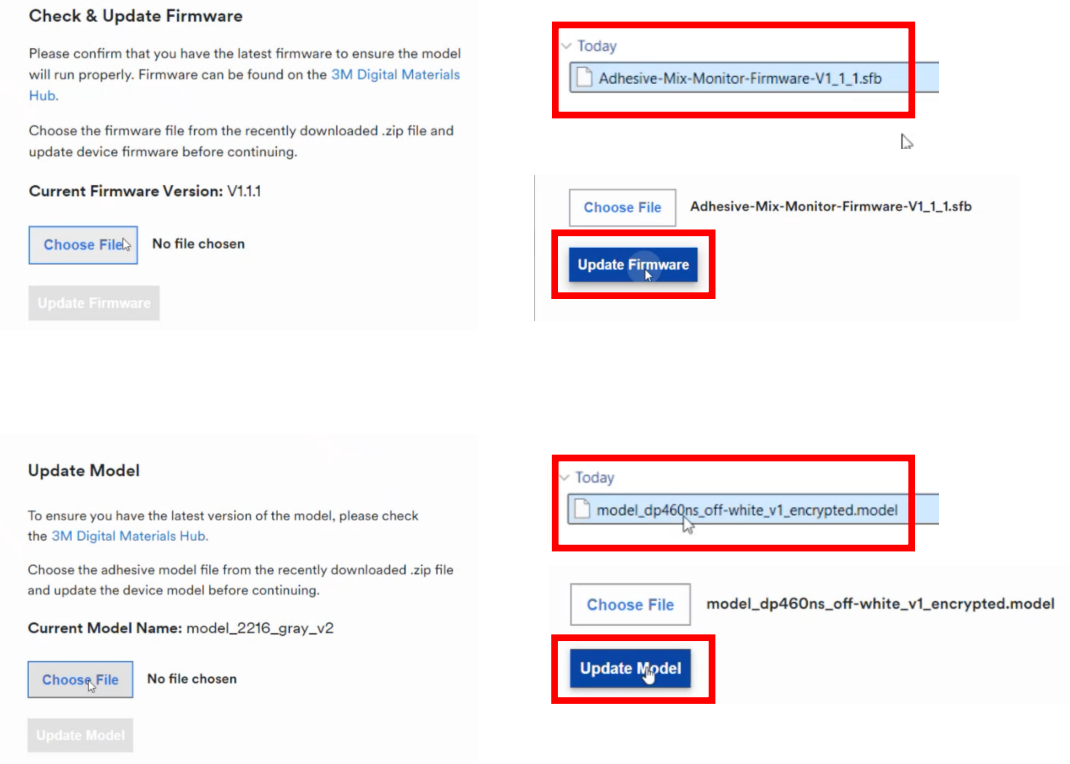 Upload firmware and adhesive mix model to the 3M Adhesive Mix Monitor processing unit
