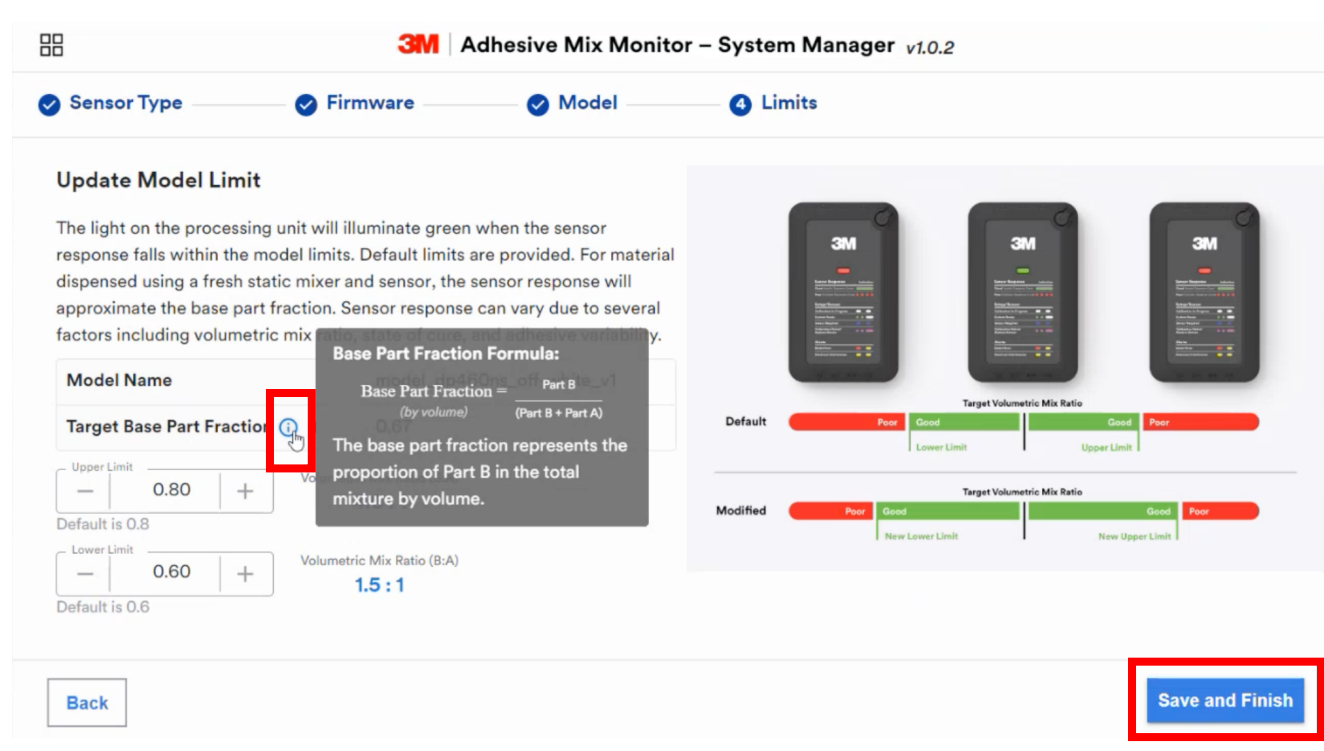 Verify model limits and save configuration in the 3M Adhesive Mix Monitor System Manager